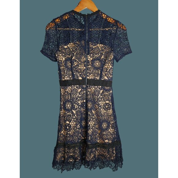 Aqua Floral Crochet Lace Feminine Chic Boho Navy/Black Lined Dress Women XS - Picture 9 of 14